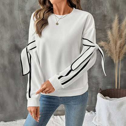 Bow Tie Sweatshirt with Contrast Stripe Sleeves