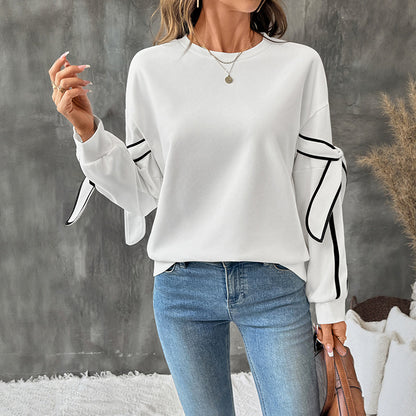 Bow Tie Sweatshirt with Contrast Stripe Sleeves
