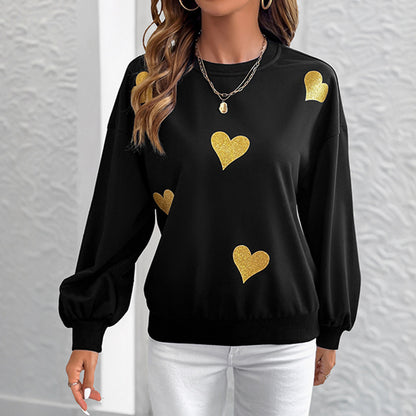 Loose Gold Heart Print Sweatshirt with Round Neck