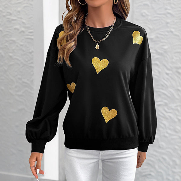 Loose Gold Heart Print Sweatshirt with Round Neck