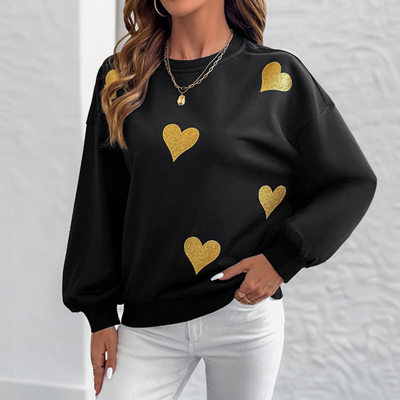 Loose Gold Heart Print Sweatshirt with Round Neck