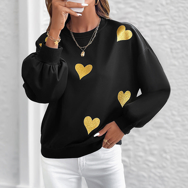 Loose Gold Heart Print Sweatshirt with Round Neck