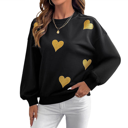 Loose Gold Heart Print Sweatshirt with Round Neck