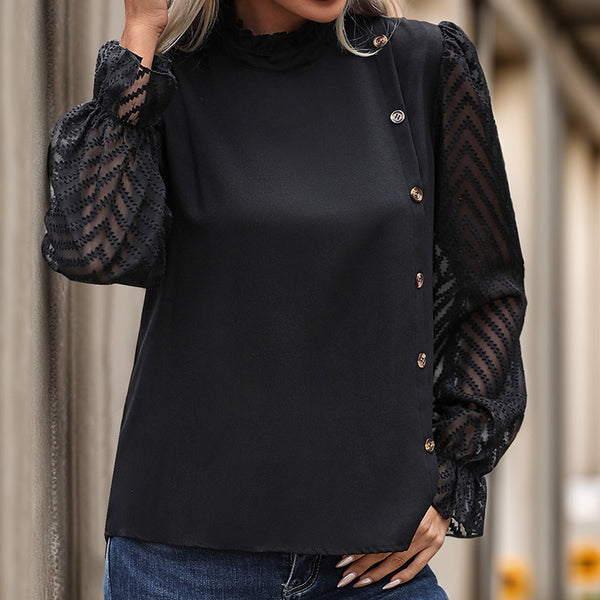 Solid Blouse with Sheer Chevron Puff Sleeves and Ruffled Mock Neck