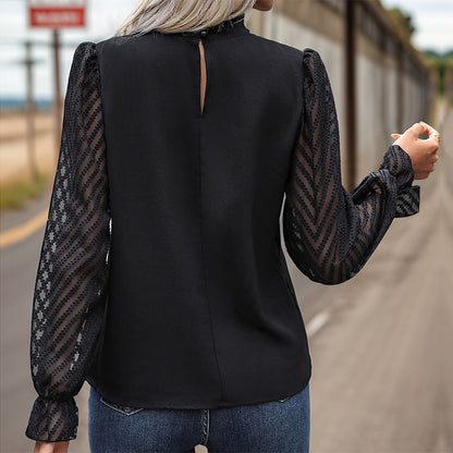 Solid Blouse with Sheer Chevron Puff Sleeves and Ruffled Mock Neck