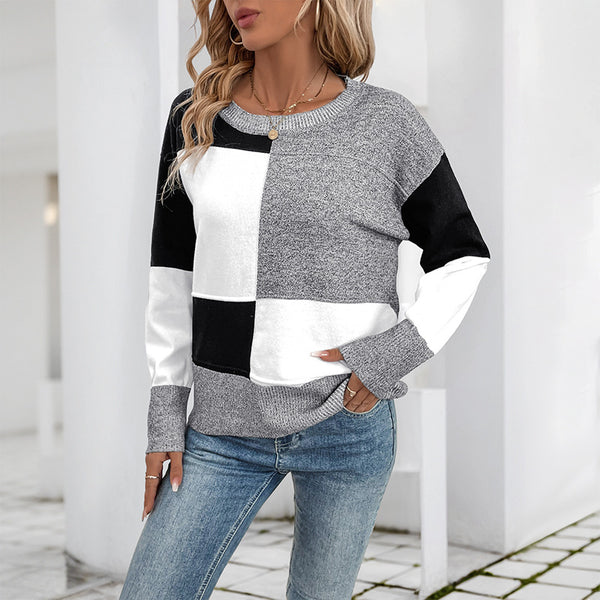 Loose Square Color-Block Sweater with Round Neck