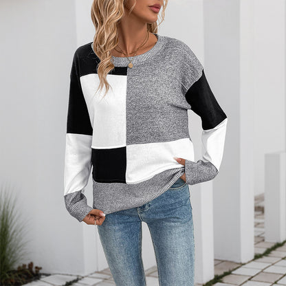 Loose Square Color-Block Sweater with Round Neck