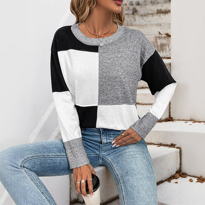 Loose Square Color-Block Sweater with Round Neck