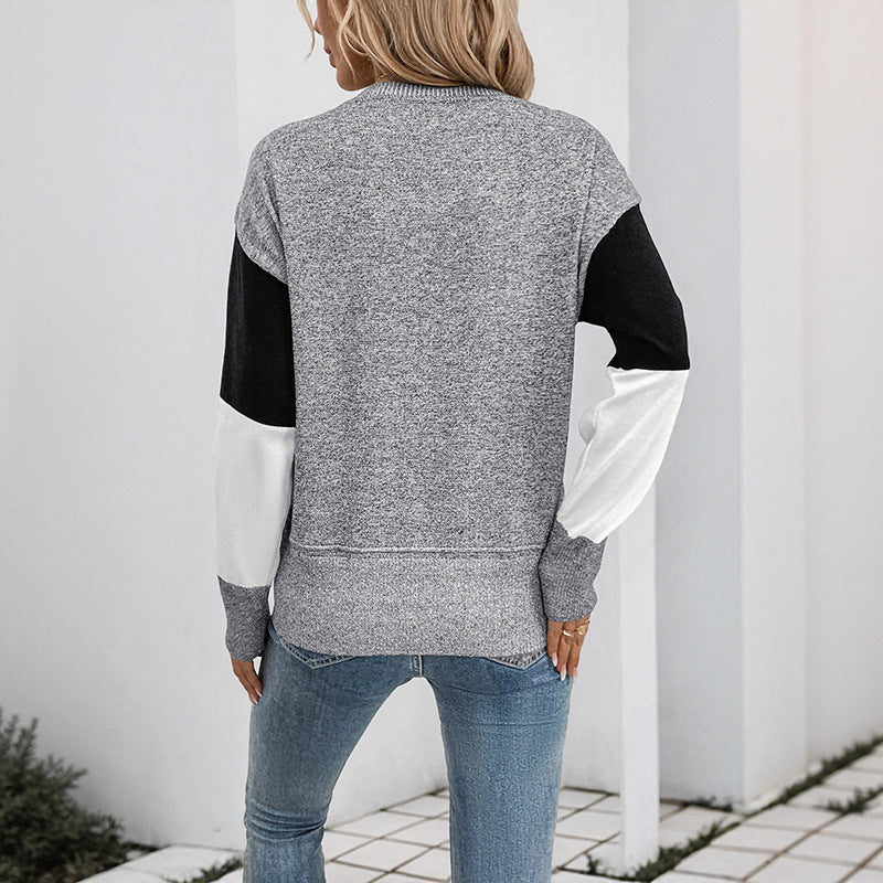 Loose Square Color-Block Sweater with Round Neck