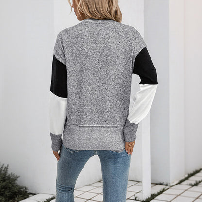 Loose Square Color-Block Sweater with Round Neck