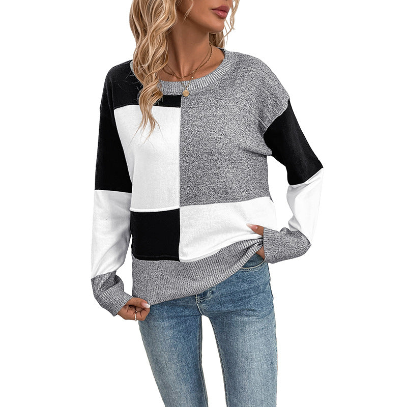 Loose Square Color-Block Sweater with Round Neck