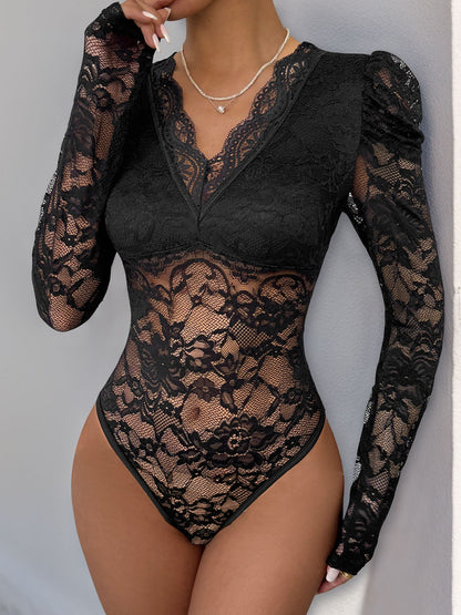 Lace Slim Fit Bodysuit with V-Neck and Puff Long Sleeves
