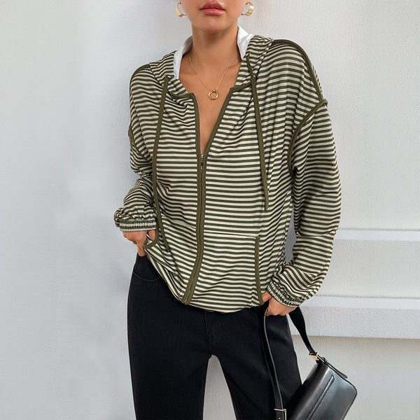 Striped Loose Fit Hooded Jacket with Zipper Front