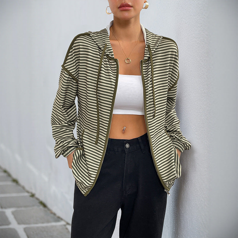 Striped Loose Fit Hooded Jacket with Zipper Front