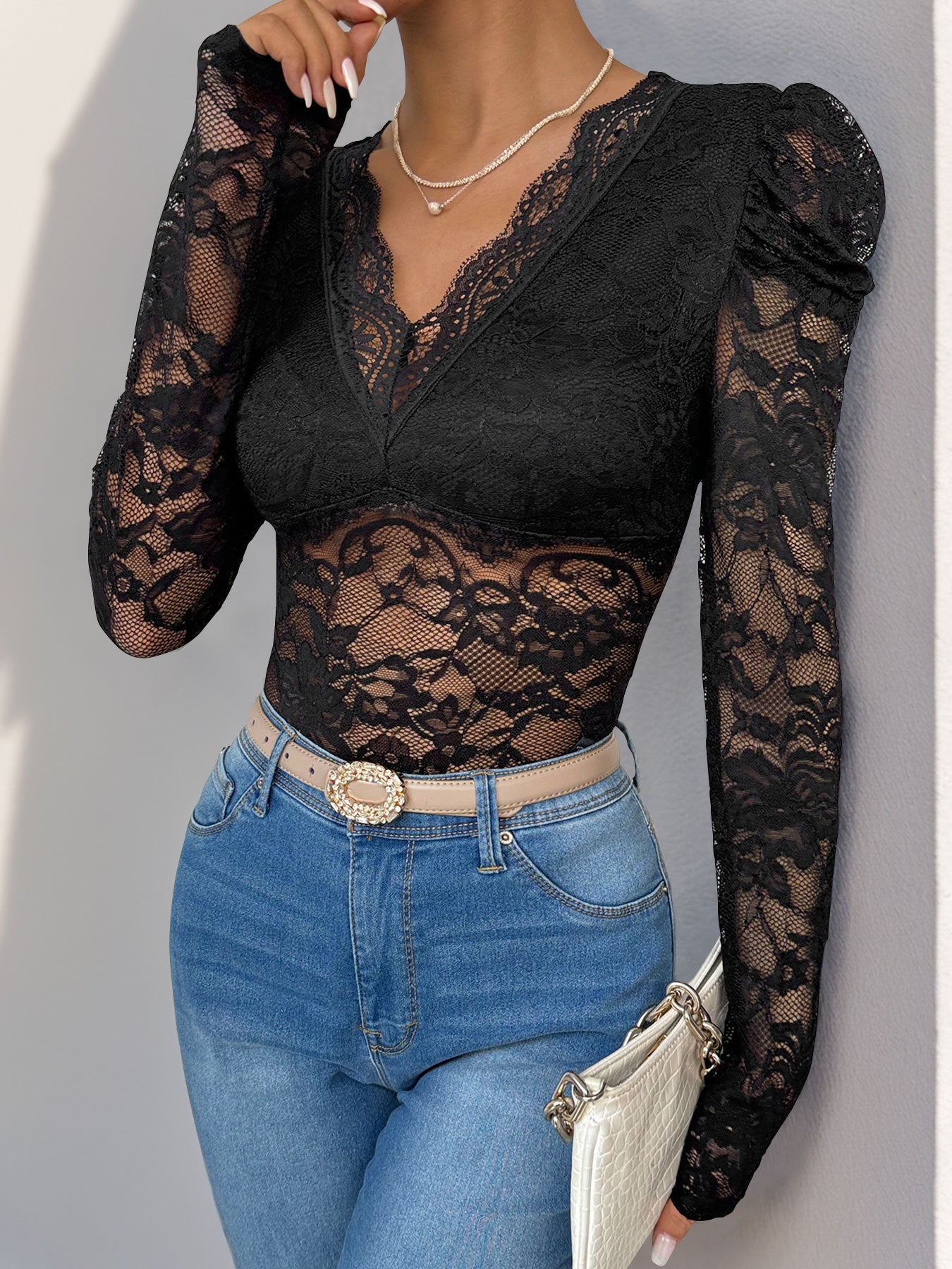 Lace Slim Fit Bodysuit with V-Neck and Puff Long Sleeves