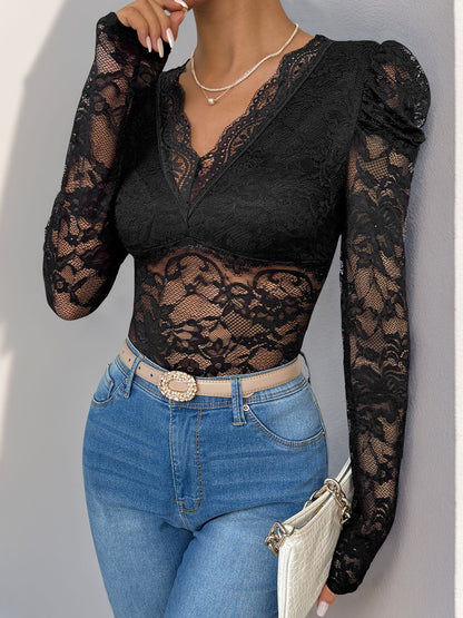 Lace Slim Fit Bodysuit with V-Neck and Puff Long Sleeves
