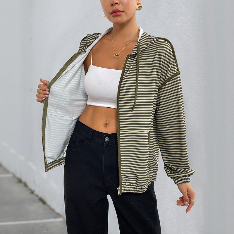 Striped Loose Fit Hooded Jacket with Zipper Front