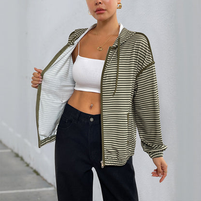 Striped Loose Fit Hooded Jacket with Zipper Front