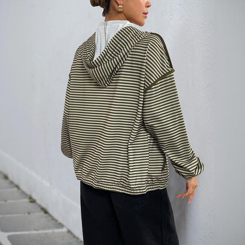 Striped Loose Fit Hooded Jacket with Zipper Front