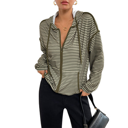 Striped Loose Fit Hooded Jacket with Zipper Front