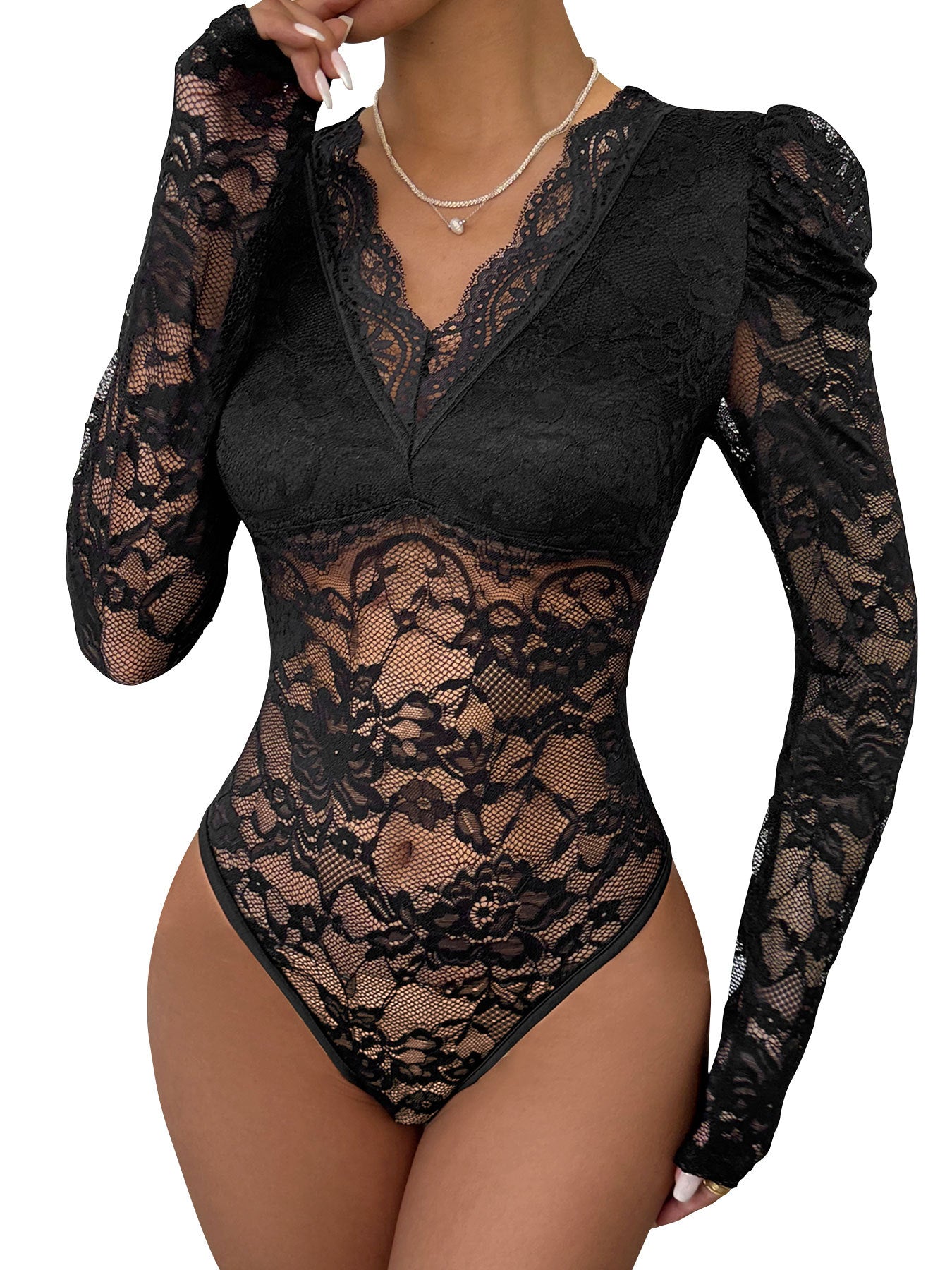 Lace Slim Fit Bodysuit with V-Neck and Puff Long Sleeves