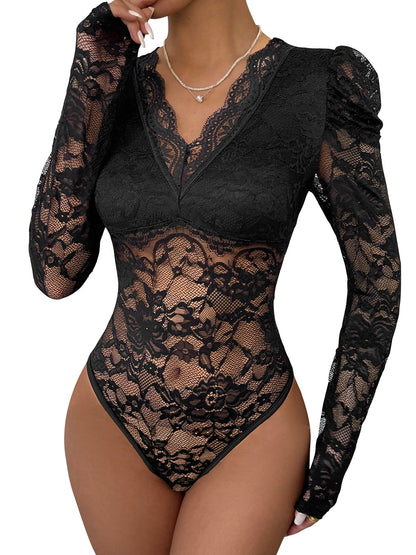 Lace Slim Fit Bodysuit with V-Neck and Puff Long Sleeves