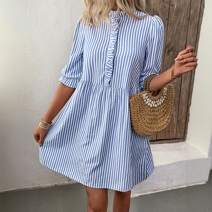 Striped A-Line Mini Dress with Stand Collar & Puff Sleeves