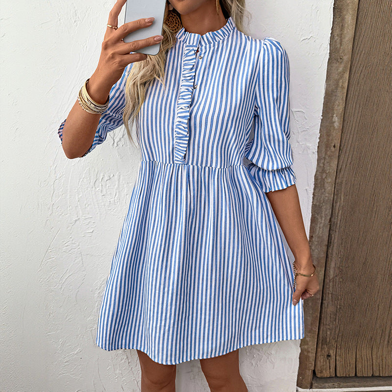 Striped A-Line Mini Dress with Stand Collar & Puff Sleeves