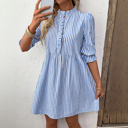 Striped A-Line Mini Dress with Stand Collar & Puff Sleeves