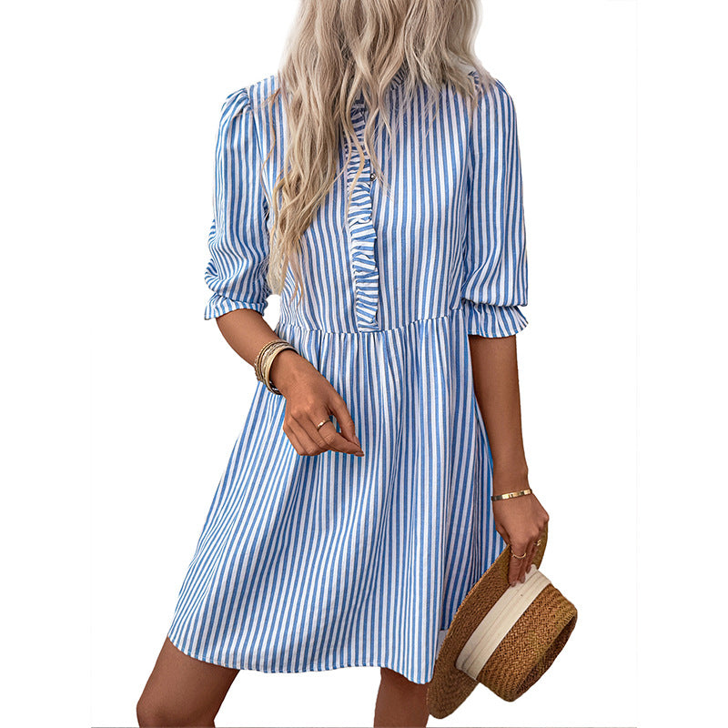 Striped A-Line Mini Dress with Stand Collar & Puff Sleeves