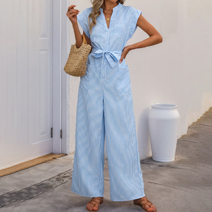 Vertical Striped Wide-Leg Jumpsuit with V-Neck and Tie Waist