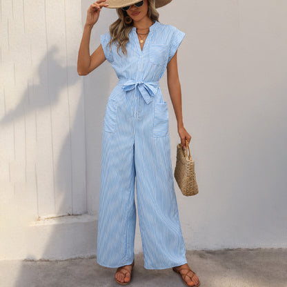 Vertical Striped Wide-Leg Jumpsuit with V-Neck and Tie Waist
