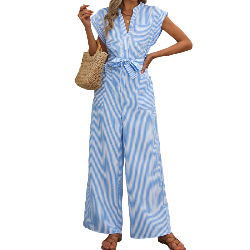 Vertical Striped Wide-Leg Jumpsuit with V-Neck and Tie Waist