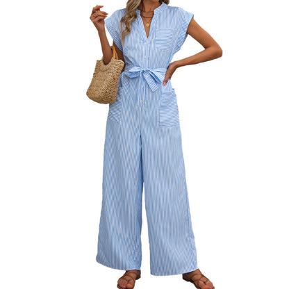 Vertical Striped Wide-Leg Jumpsuit with V-Neck and Tie Waist