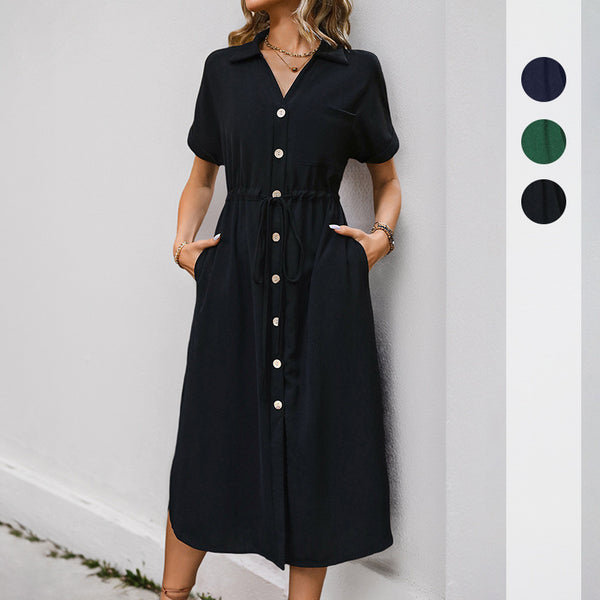 Solid Color Midi Shirt Dress with Drawstring Waist and Pockets