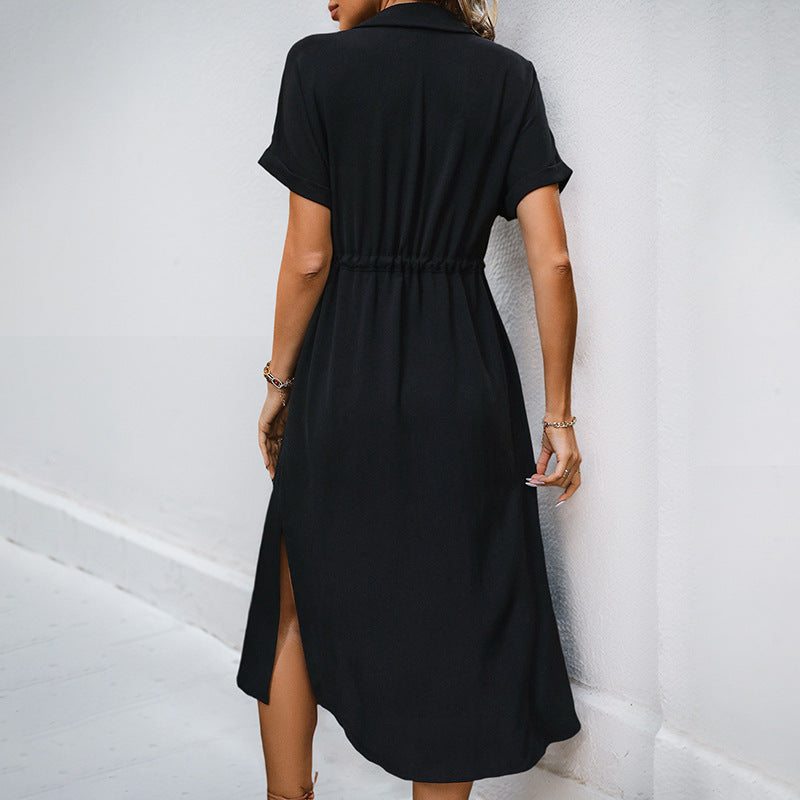 Solid Color Midi Shirt Dress with Drawstring Waist and Pockets