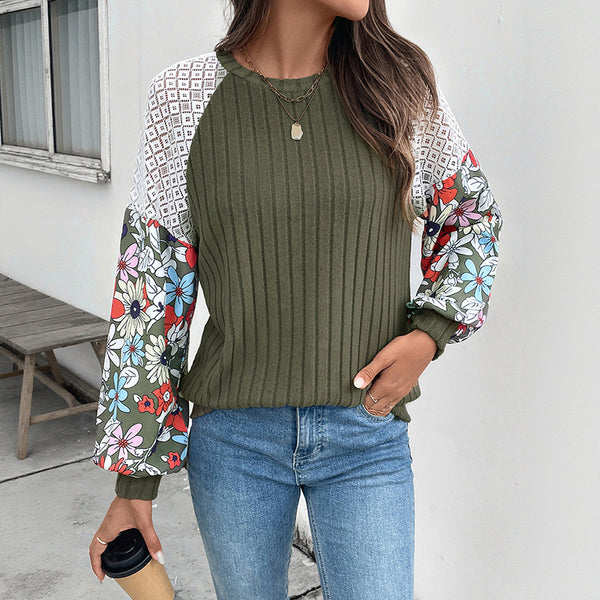 Ribbed Knit Raglan Top with Floral & Lace Color-Blocked Sleeves