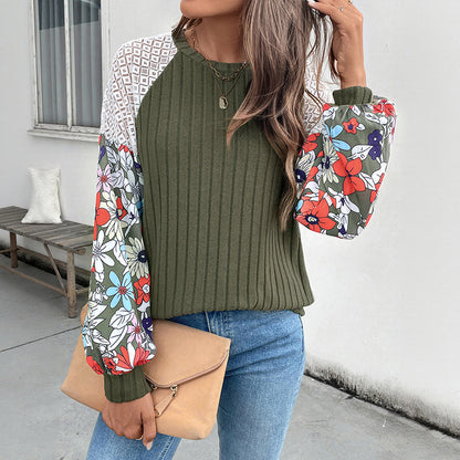 Ribbed Knit Raglan Top with Floral & Lace Color-Blocked Sleeves