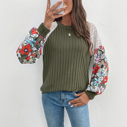 Ribbed Knit Raglan Top with Floral & Lace Color-Blocked Sleeves