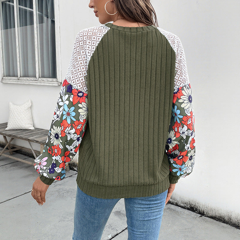 Ribbed Knit Raglan Top with Floral & Lace Color-Blocked Sleeves