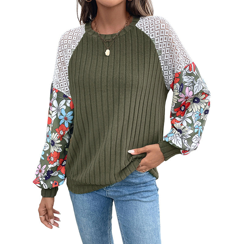 Ribbed Knit Raglan Top with Floral & Lace Color-Blocked Sleeves