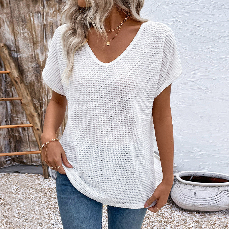 Solid Waffle Knit Top with V-Neck and Bat Sleeves