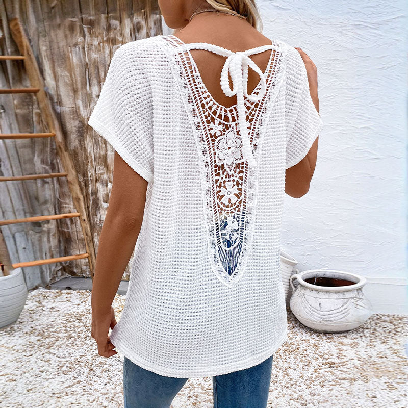 Solid Waffle Knit Top with V-Neck and Bat Sleeves