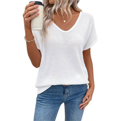 Solid Waffle Knit Top with V-Neck and Bat Sleeves