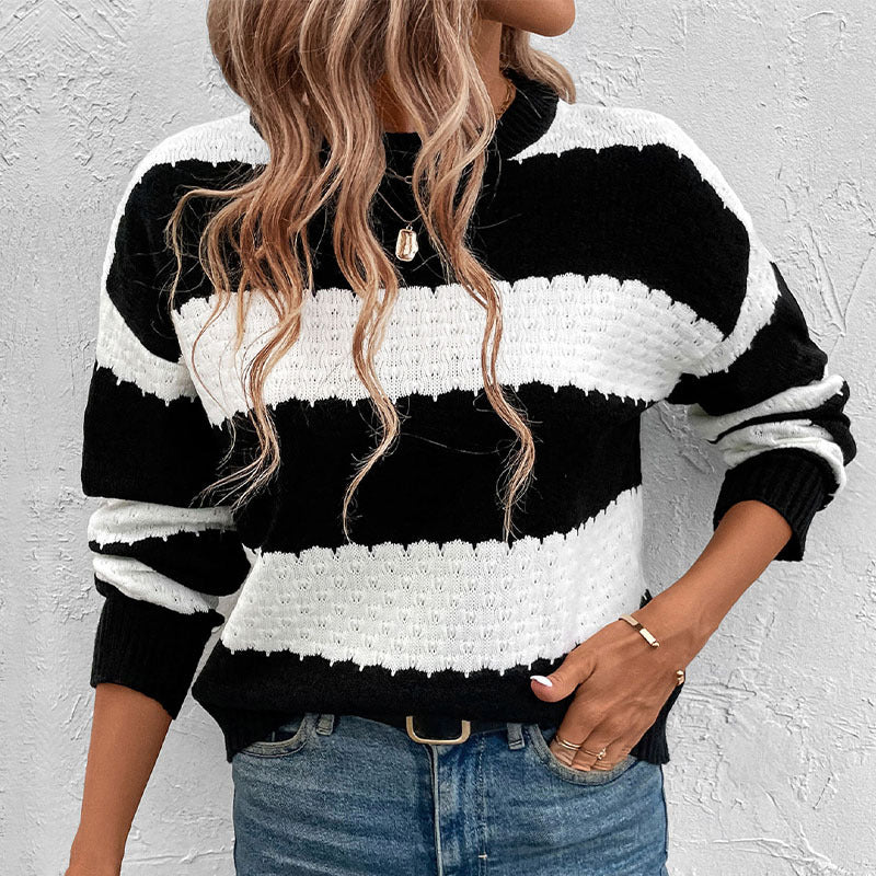 Black and White Striped Pullover Sweater with Round Neck