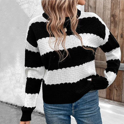 Black and White Striped Pullover Sweater with Round Neck