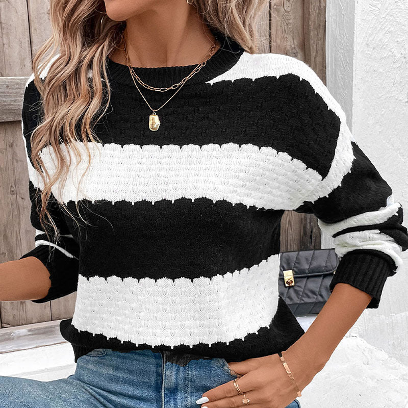 Black and White Striped Pullover Sweater with Round Neck