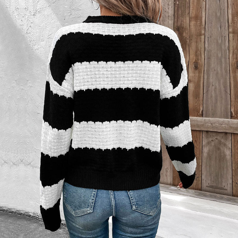 Black and White Striped Pullover Sweater with Round Neck