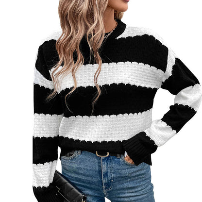 Black and White Striped Pullover Sweater with Round Neck