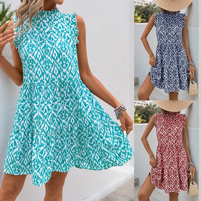 Abstract Print Tiered Dress with Mock Neck and Ruffle Sleeves